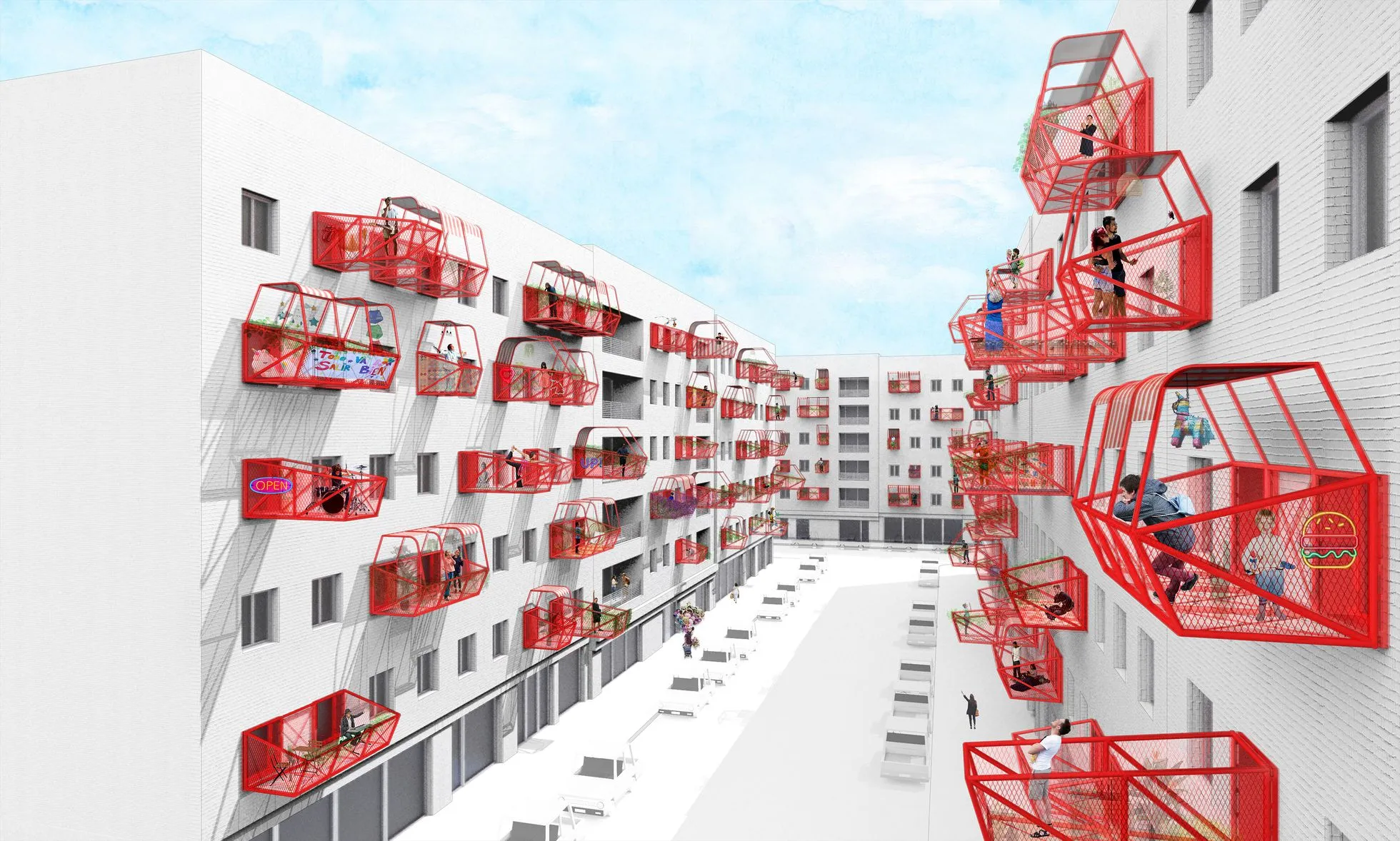 Terraza incorporada a la fachada de un edificio residencial